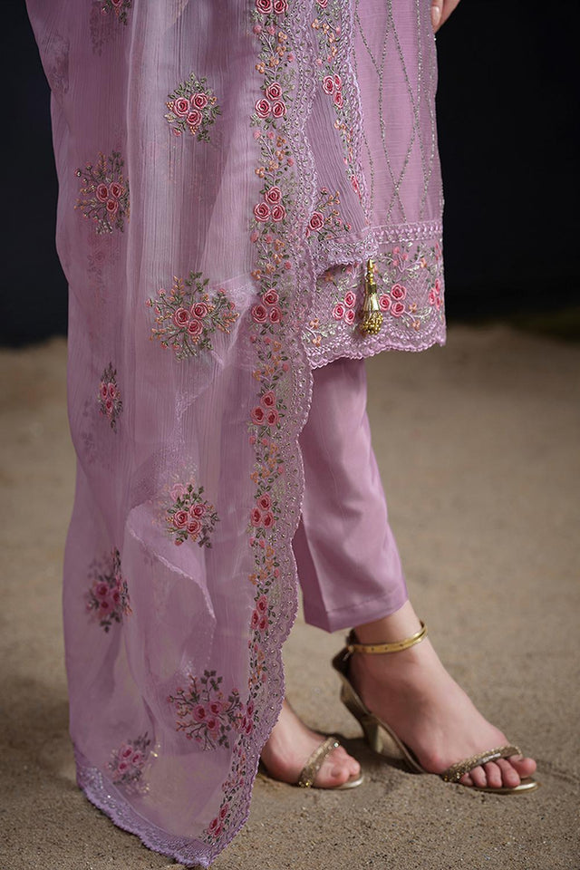 Purple Floral Embroidered Organza Kurti Pant Set