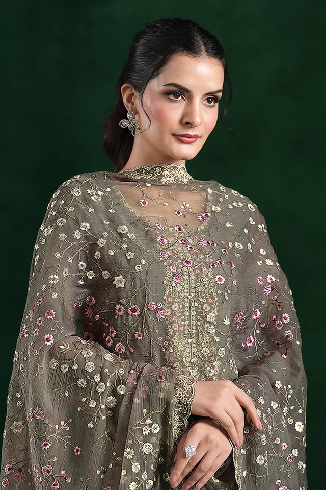 Grey Floral Embroidered Organza Kurti Pant Set