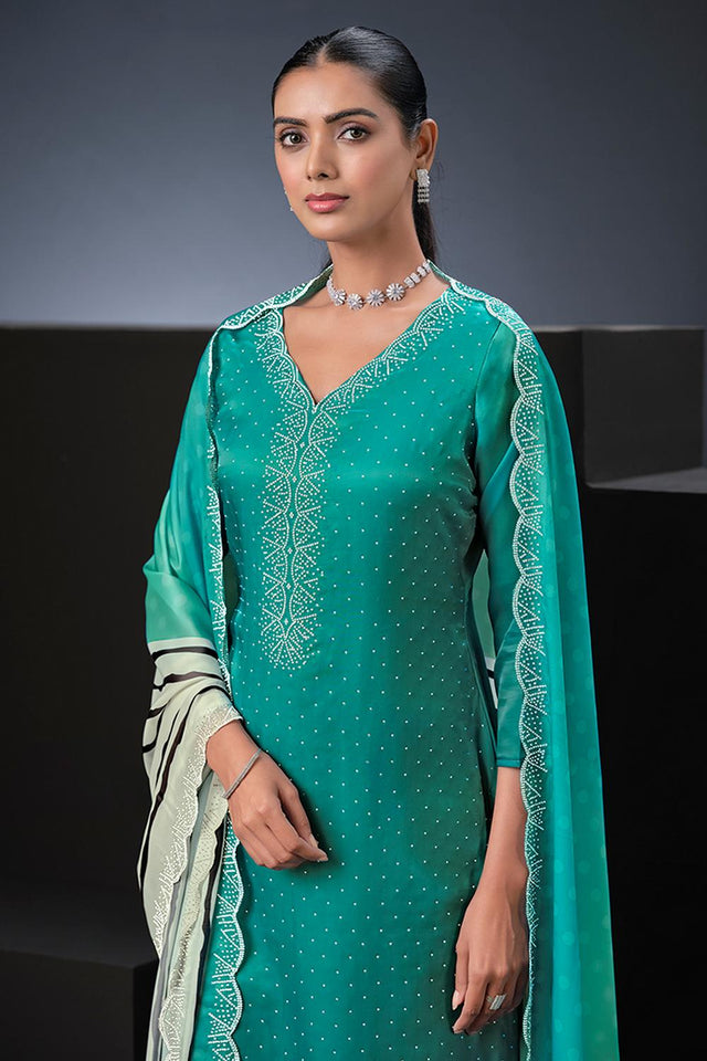 Sea Green Floral Embroidered Satin Kurti Pant Set