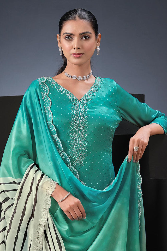 Sea Green Floral Embroidered Satin Kurti Pant Set