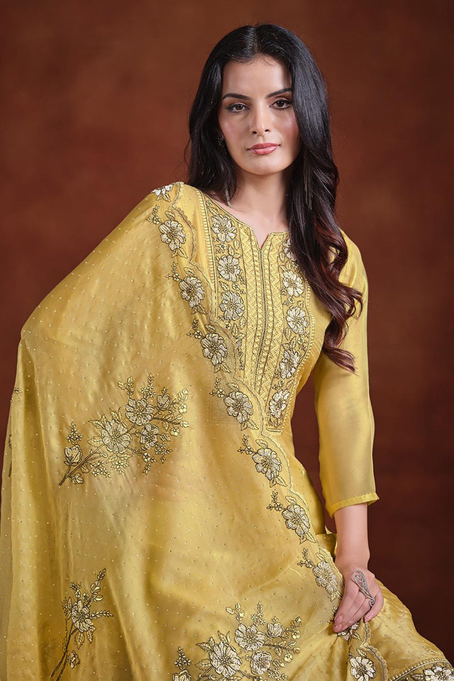 Yellow Floral Embroidered Organza Kurti Pant Set