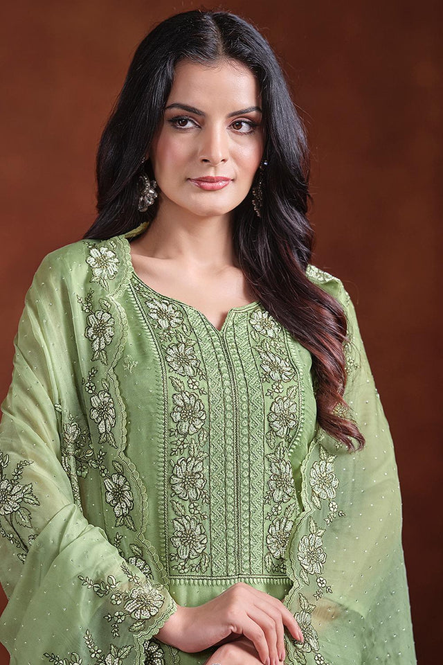 Green Floral Embroidered Organza Kurti Pant Set