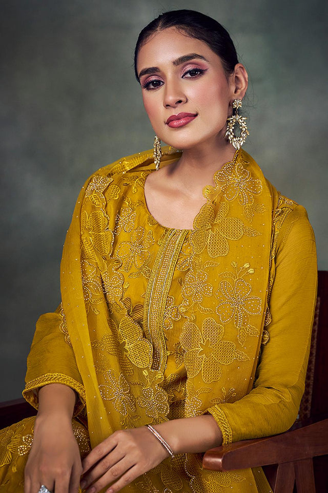 Mustard Floral Embroidered Chiffon Kurti Pant Set