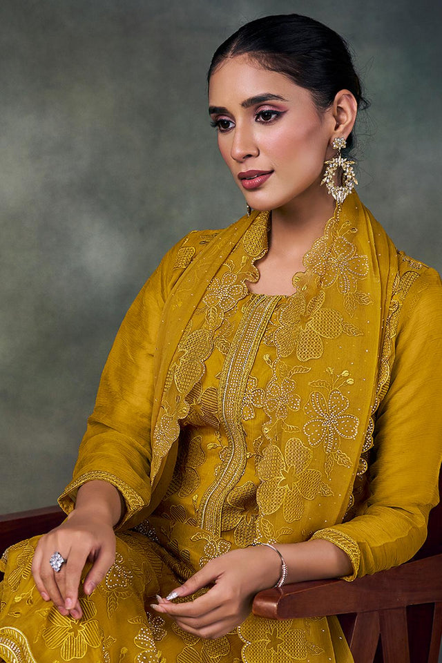 Mustard Floral Embroidered Chiffon Kurti Pant Set