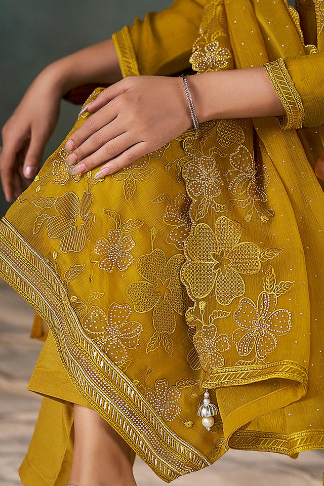 Mustard Floral Embroidered Chiffon Kurti Pant Set
