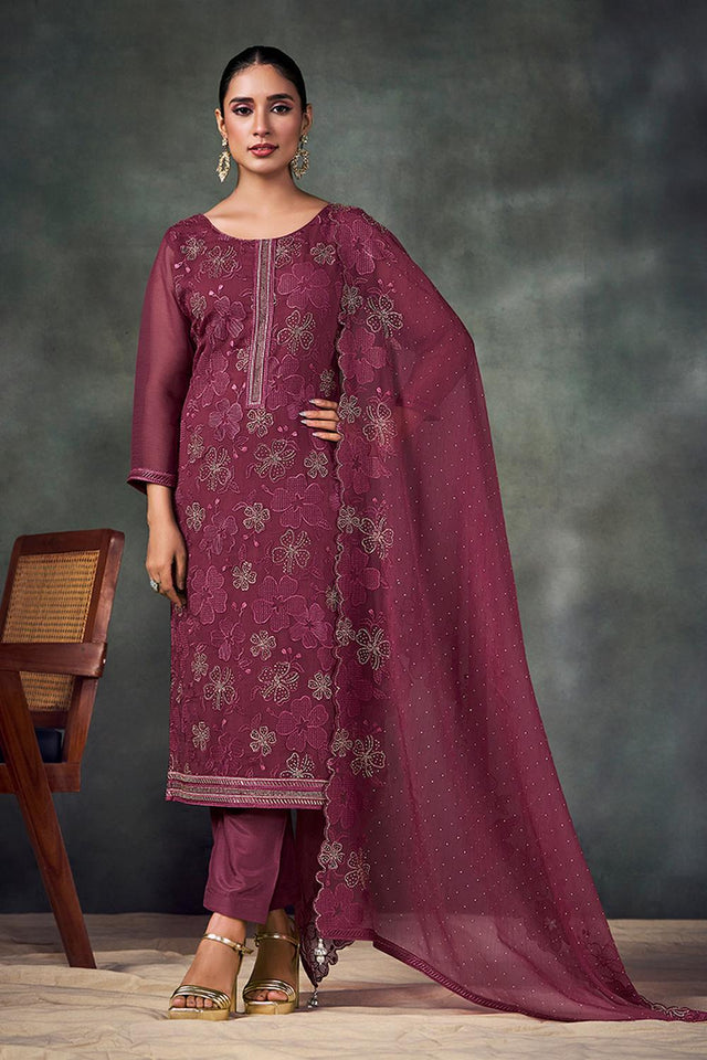 Maroon Floral Embroidered Chiffon Kurti Pant Set