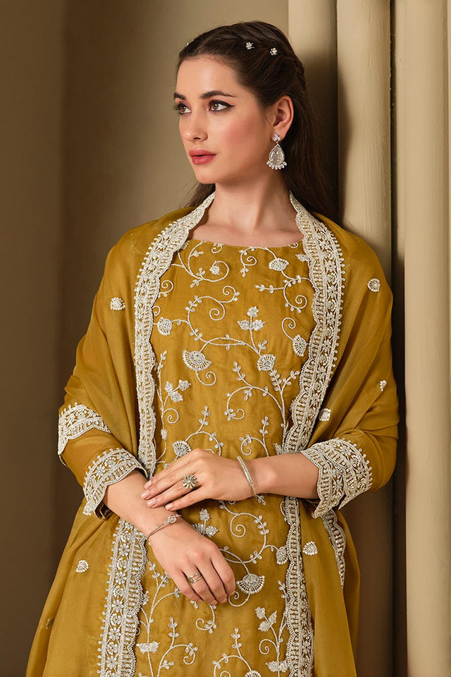 Mustard Floral Embroidered Organza Kurti Pant Set