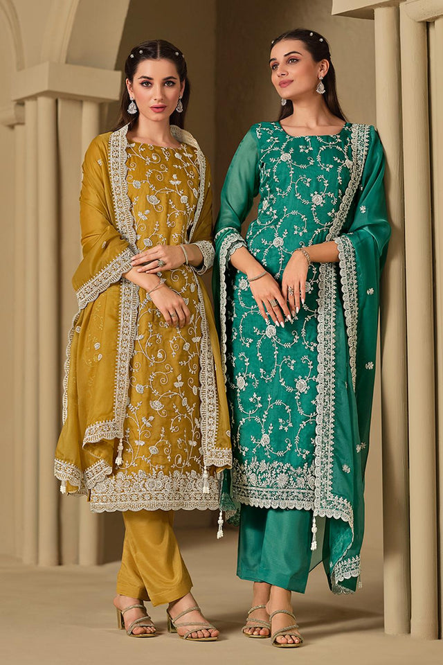 Mustard Floral Embroidered Organza Kurti Pant Set