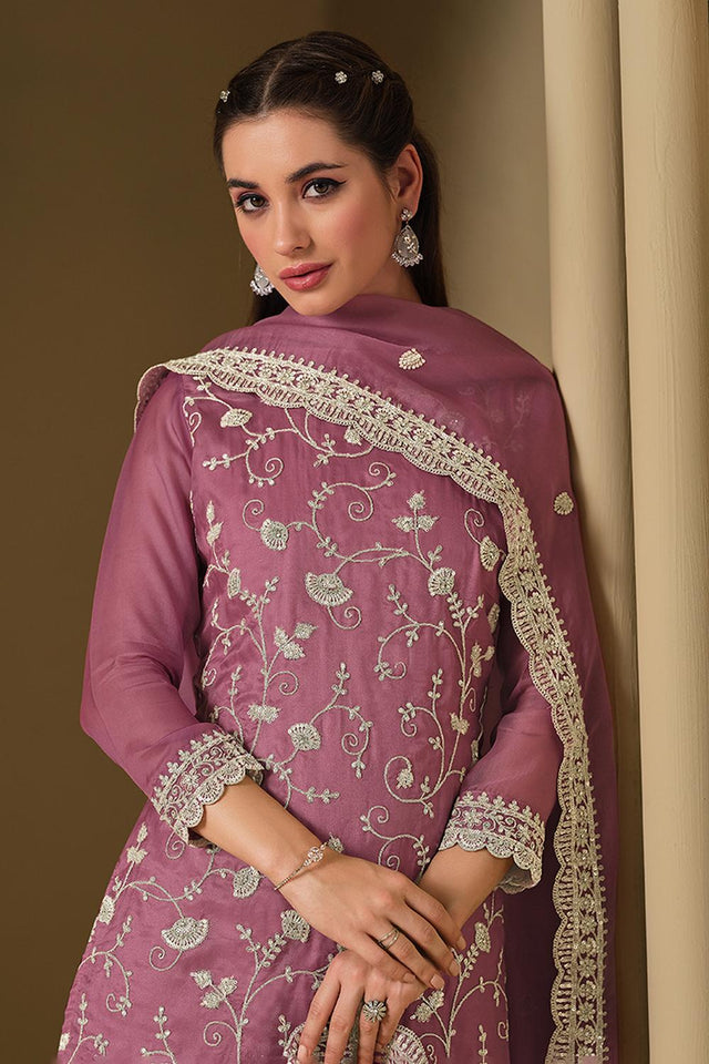 Mauve Floral Embroidered Organza Kurti Pant Set