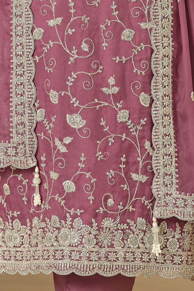 Mauve Floral Embroidered Organza Kurti Pant Set
