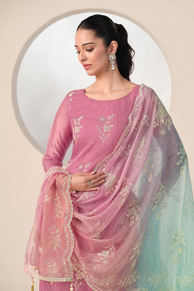 Pink Floral Embroidered Organza Kurti Pant Set