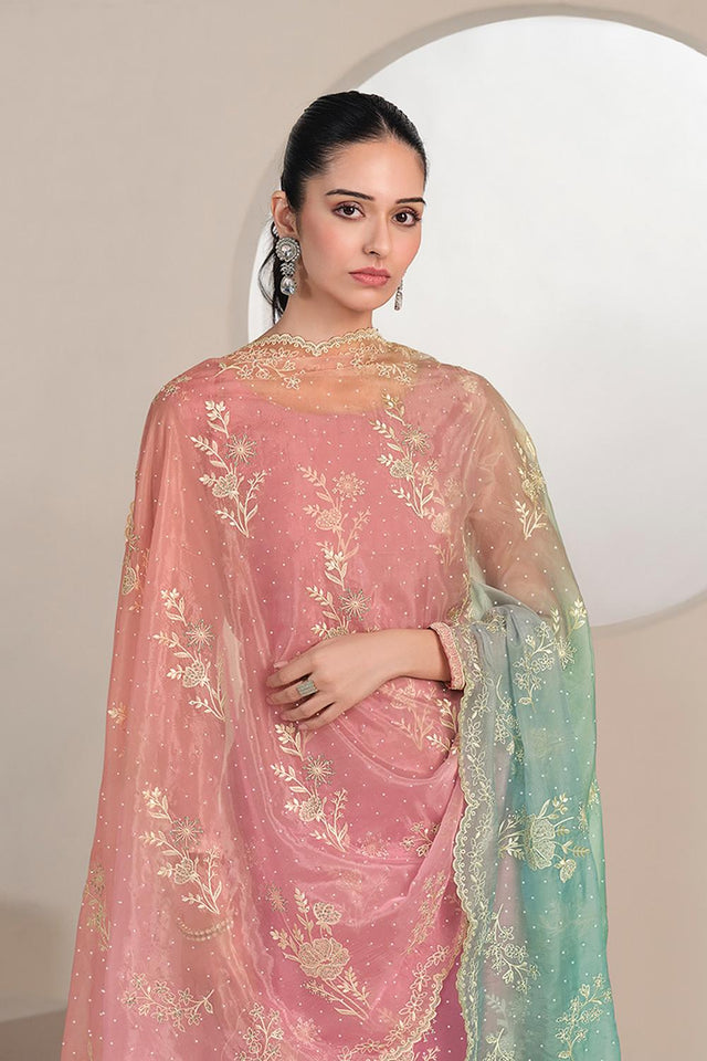 Pink Floral Embroidered Organza Kurti Pant Set