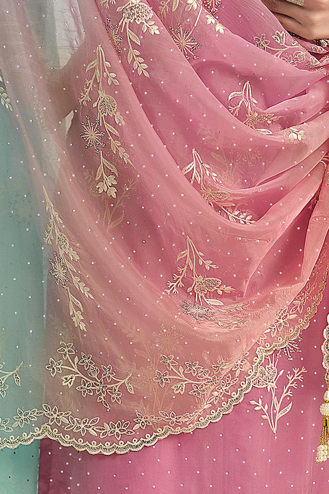 Pink Floral Embroidered Organza Kurti Pant Set