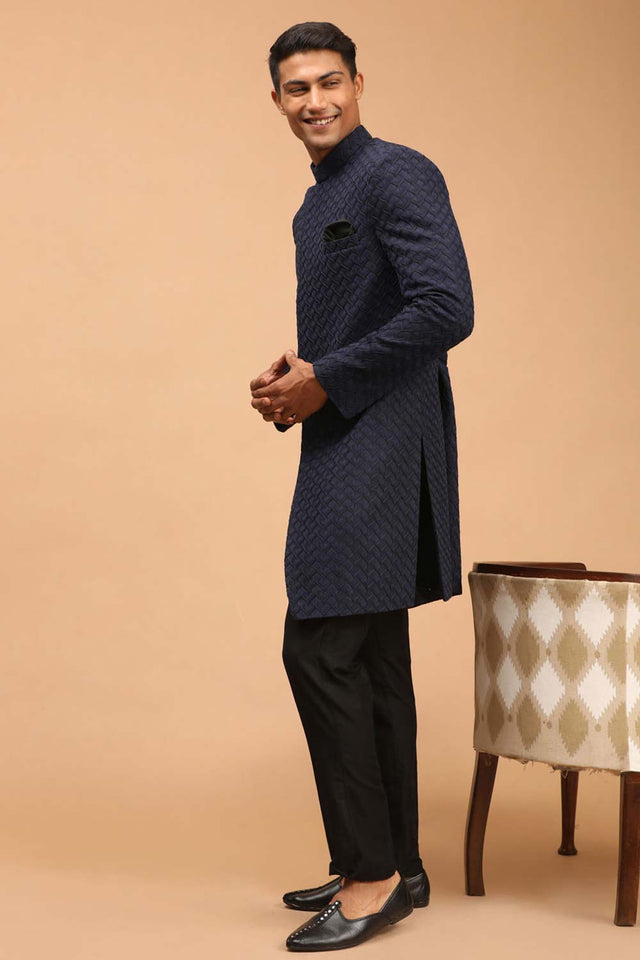Men's Navy Blue And Black Silk Blend Self Woven Design Sherwani Set - 40