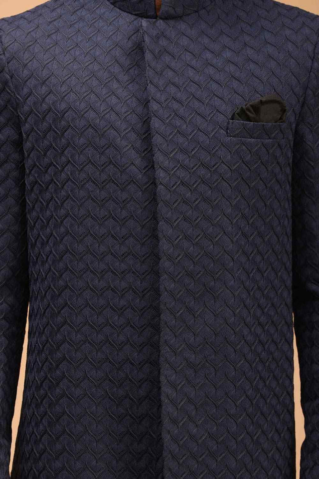 Men's Navy Blue And Black Silk Blend Self Woven Design Sherwani Set - 40