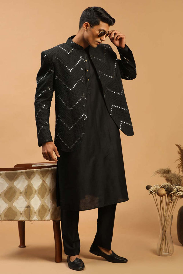 Men's Black Viscose Mirror Work Kurta Pajama Jacket Set - 36