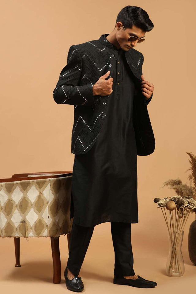 Men's Black Viscose Mirror Work Kurta Pajama Jacket Set - 36