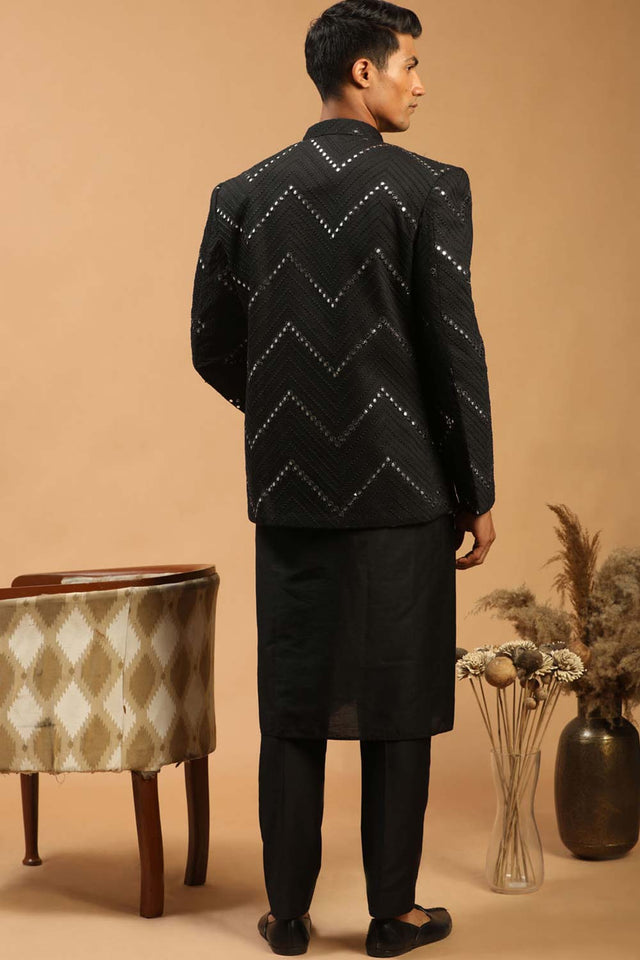 Men's Black Viscose Mirror Work Kurta Pajama Jacket Set - 36
