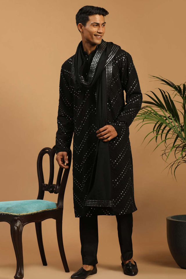 Men's Black Georgette Mirror Work Kurta Pajama Set With Dupatta - 36