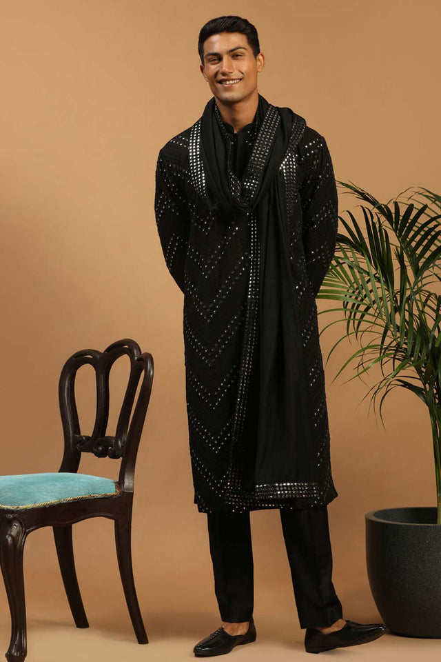 Men's Black Georgette Mirror Work Kurta Pajama Set With Dupatta - 36