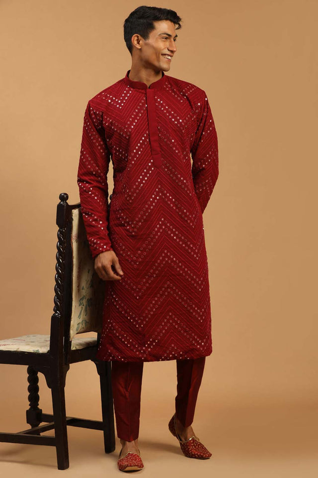 Men's Maroon Georgette Mirror Work Kurta Pajama Set - 36