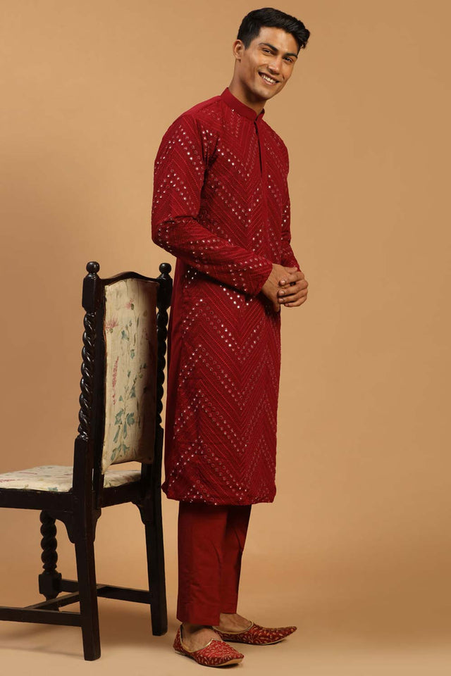 Men's Maroon Georgette Mirror Work Kurta Pajama Set - 36