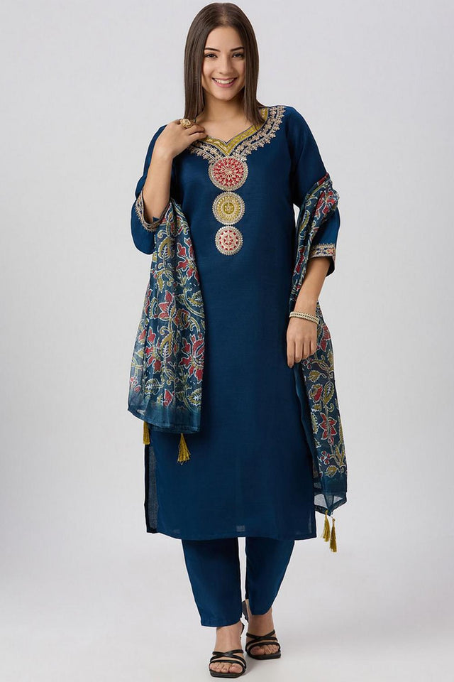 Blue Embroidered Silk Straight Cut Suit (VT-03)