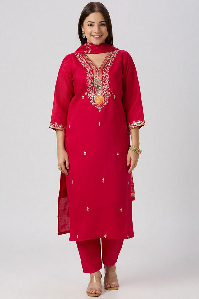 Red Embroidered Silk Straight Cut Suit (VT-04)