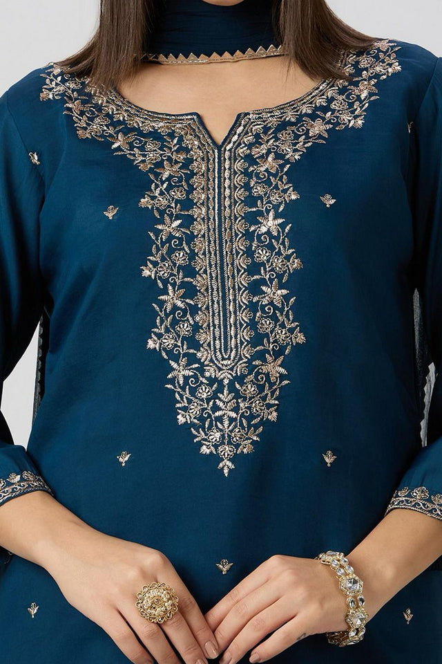 Turquoise Embroidered Silk Straight Cut Suit (VT-05)