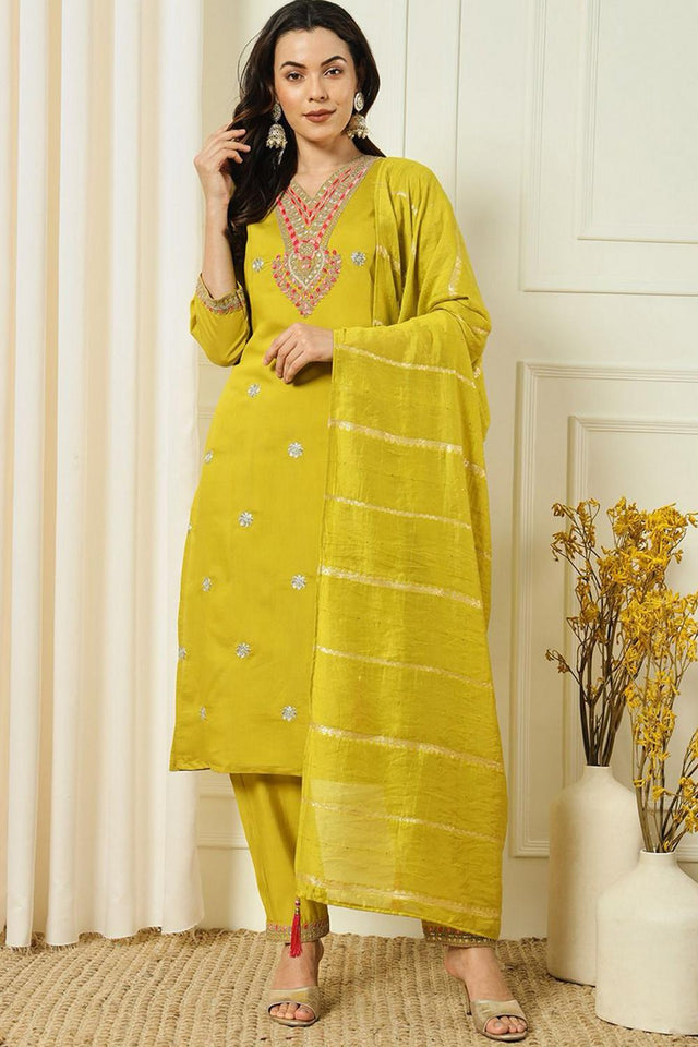 Yellow Embroidered Silk Straight Cut Suit (VT-09)