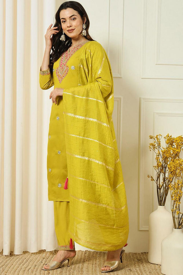 Yellow Embroidered Silk Straight Cut Suit (VT-09)