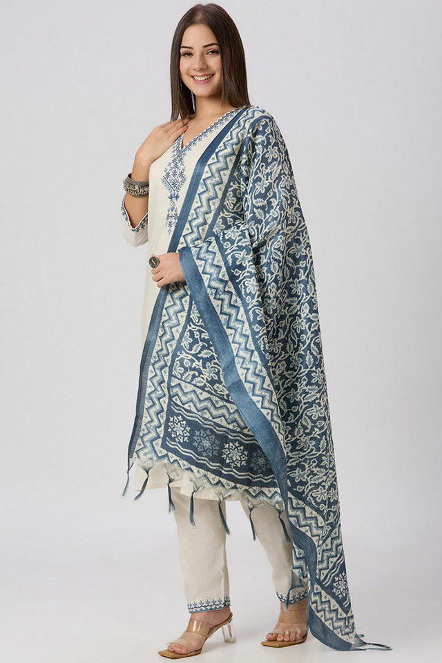 White Embroidered Khadi Straight Cut Suit (VT-11)