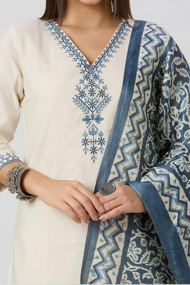 White Embroidered Khadi Straight Cut Suit (VT-11)