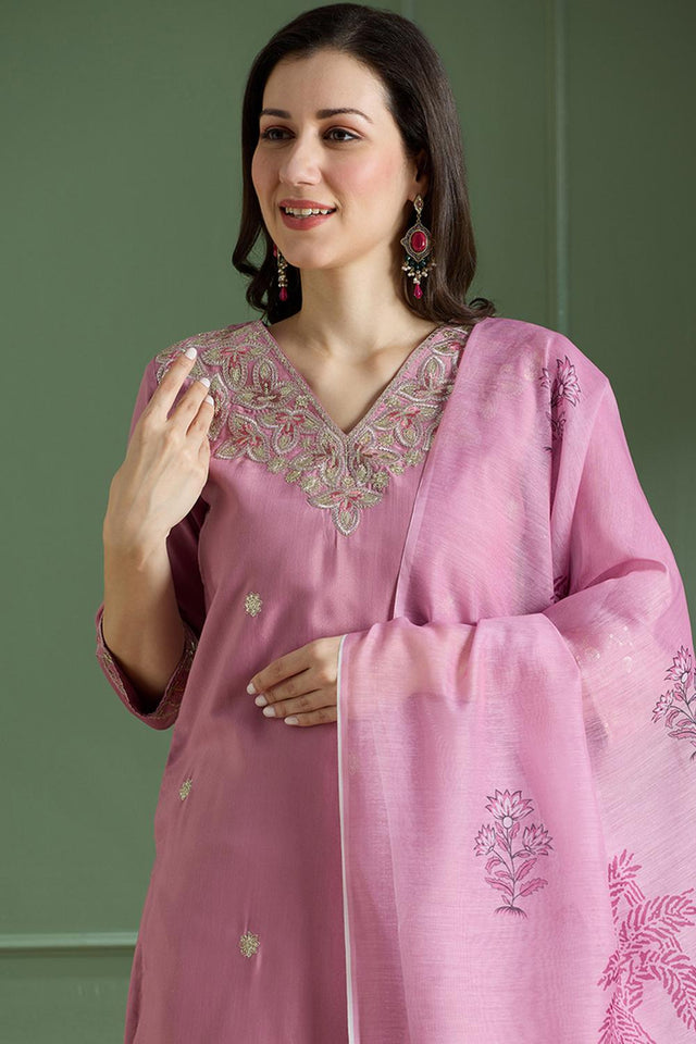 Pink Floral Embroidered Rayon Straight Cut Suit (VT-21)