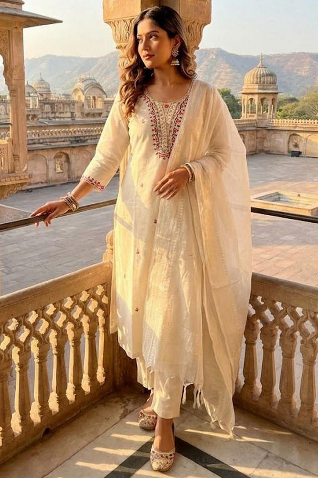 Cream Floral Embroidered Khadi Straight Cut Suit (VT-2517)