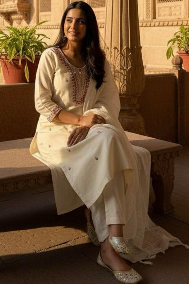 Cream Floral Embroidered Khadi Straight Cut Suit (VT-2517)