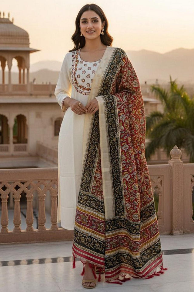 Cream Floral Embroidered Khadi Straight Cut Suit (VT-2519)