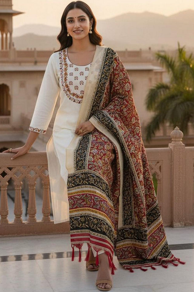 Cream Floral Embroidered Khadi Straight Cut Suit (VT-2519)