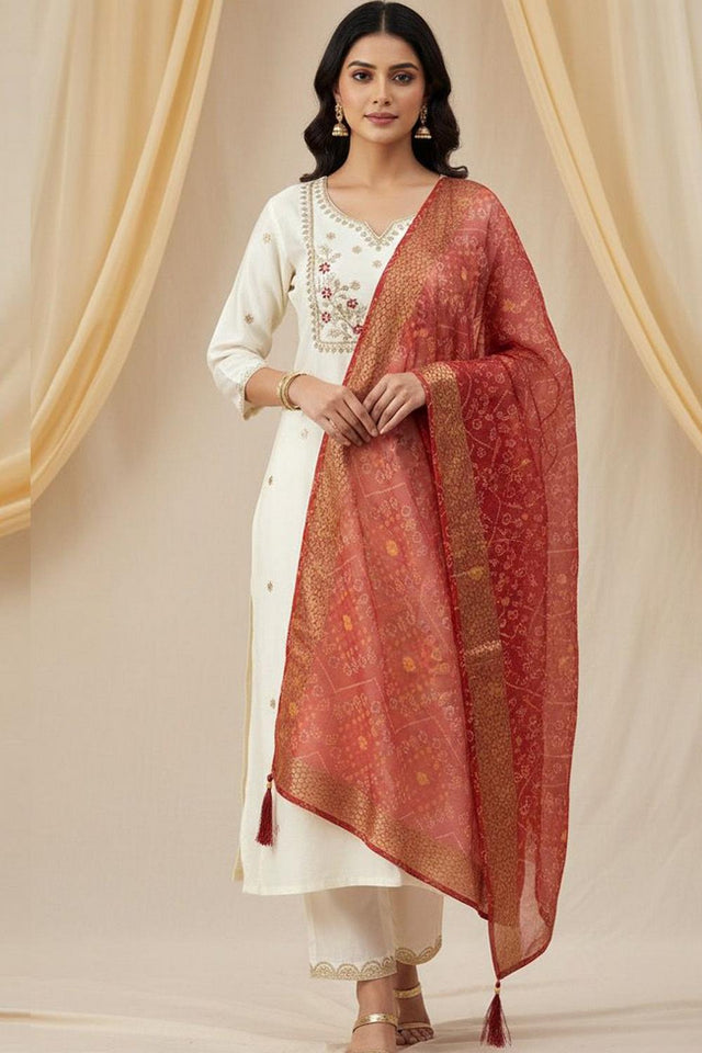 Cream Floral Embroidered Silk Straight Cut Suit (VT-2520)