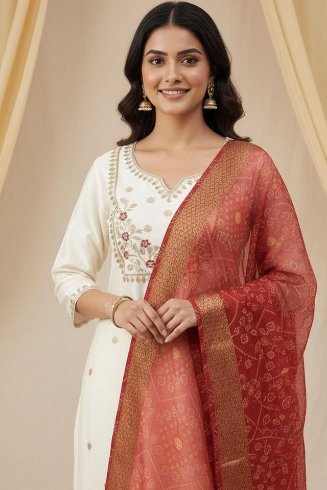 Cream Floral Embroidered Silk Straight Cut Suit (VT-2520)