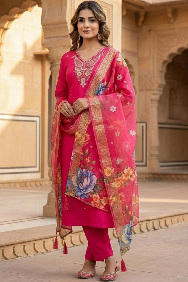 Pink Floral Embroidered Silk Straight Cut Suit (VT-2522)