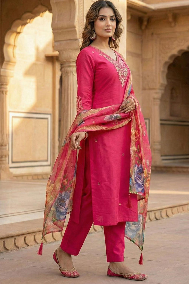 Pink Floral Embroidered Silk Straight Cut Suit (VT-2522)