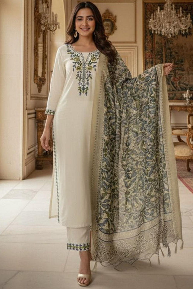 Cream Floral Embroidered Khadi Straight Cut Suit (VT-2525)