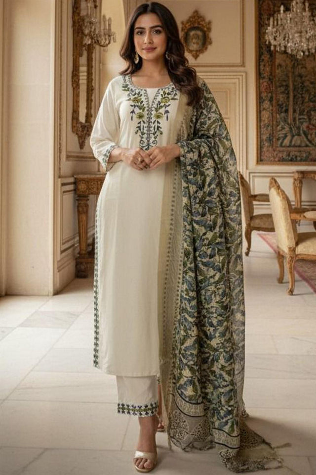 Cream Floral Embroidered Khadi Straight Cut Suit (VT-2525)