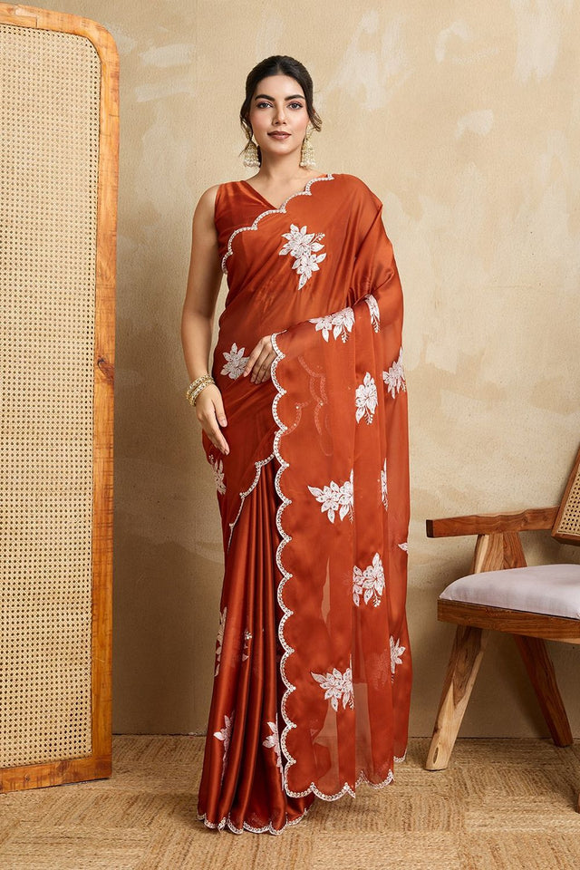 Rust Sequin with Floral Embroidered Silk Saree (VZ-Chitra-Rust)
