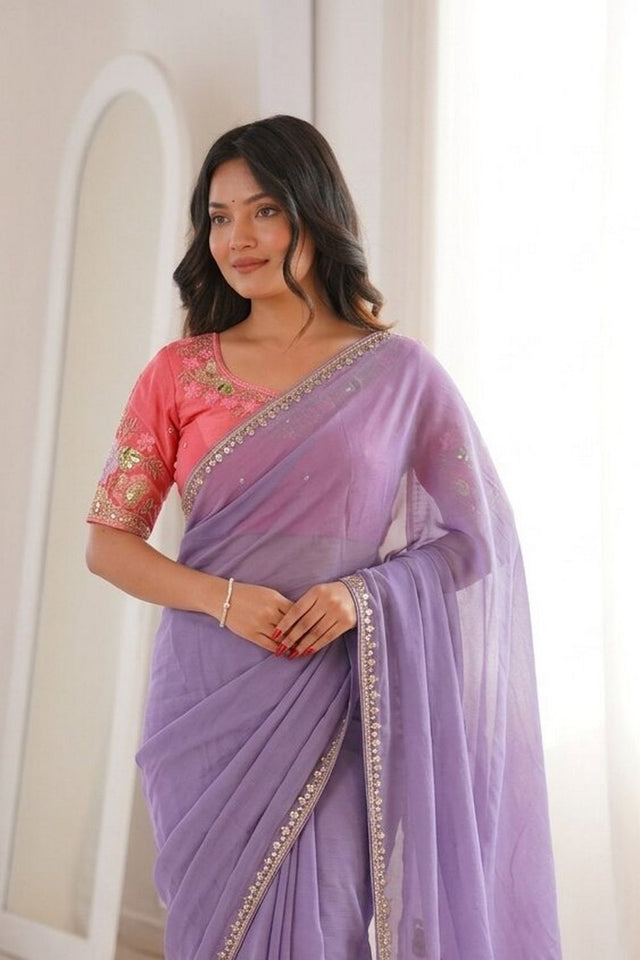 Lavender Embroidered Border Silk Saree (VZ-Clematis)