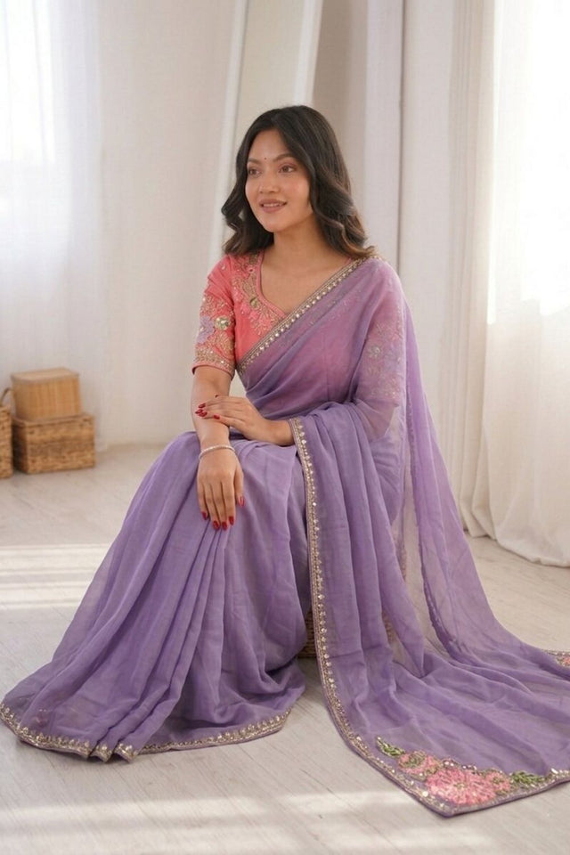 Lavender Embroidered Border Silk Saree (VZ-Clematis)