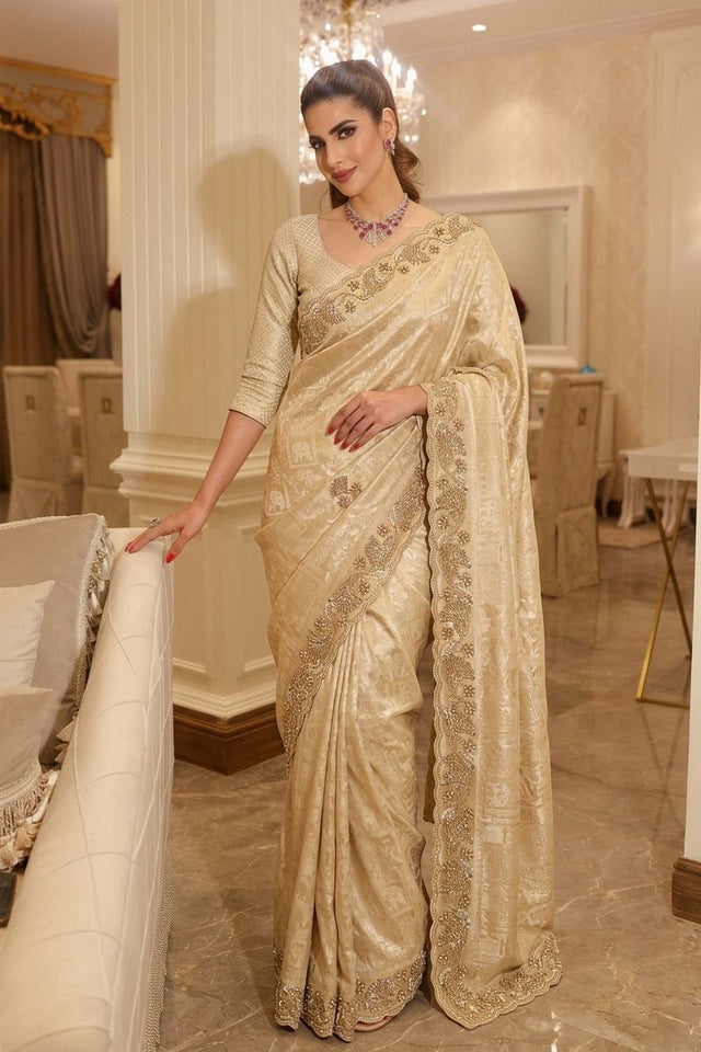 Cream Sequin with Beads Embroidered Border Kanjivaram Silk Saree (VZ-Connect-Cream)