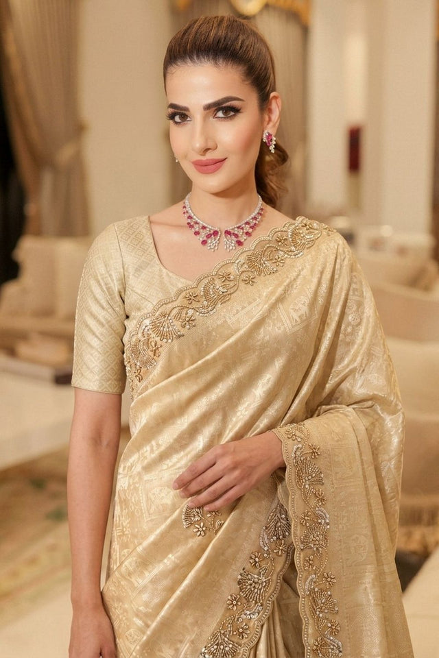 Cream Sequin with Beads Embroidered Border Kanjivaram Silk Saree (VZ-Connect-Cream)