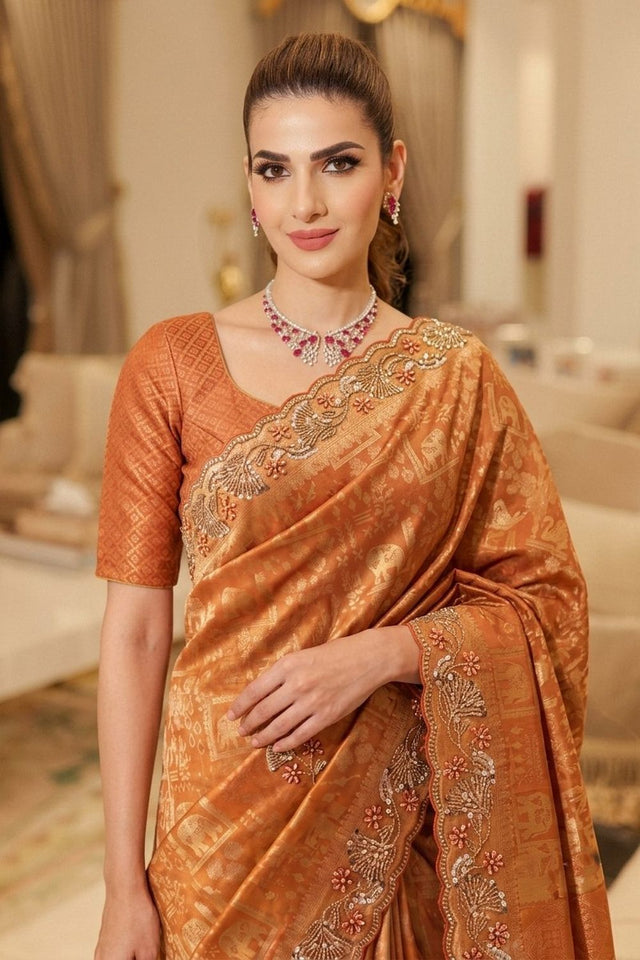 Orange Sequin with Beads Embroidered Border Kanjivaram Silk Saree (VZ-Connect-Orange)